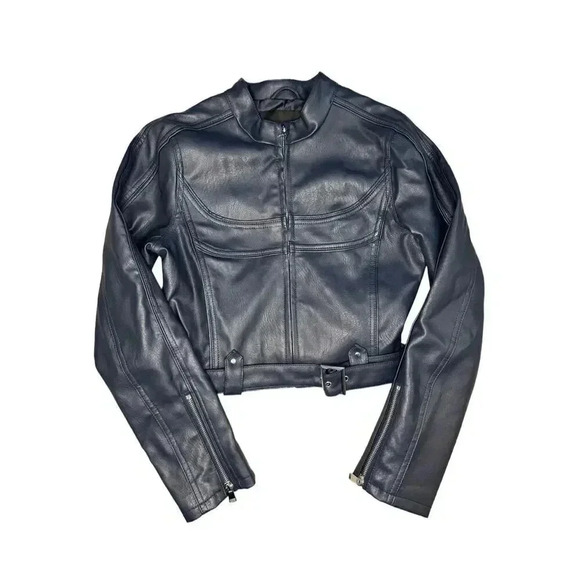 NWOT Urban Outfitters size xs vegan leather‎ navy bomber jacket with belt - Picture 1 of 5